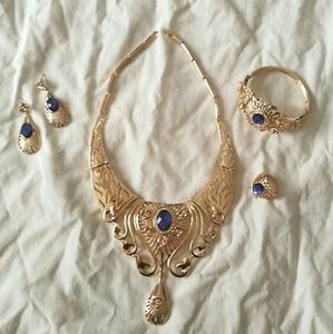 Gold Jewelry Set with Blue Rhinestones
